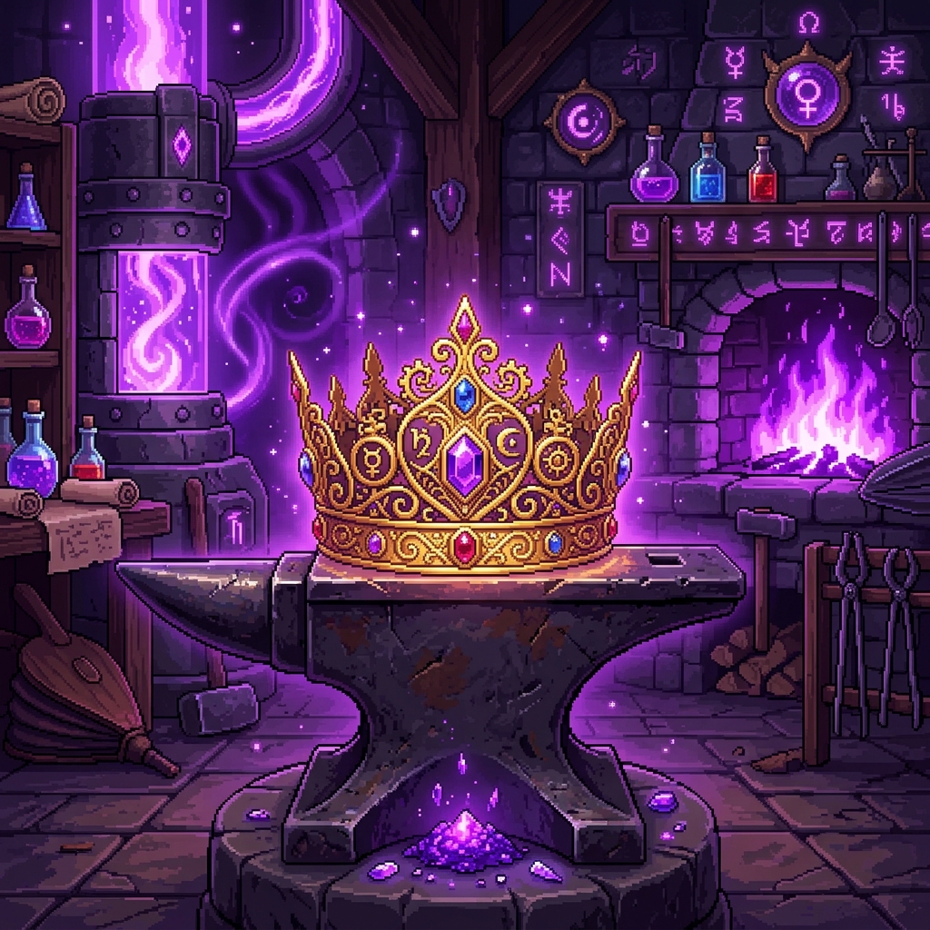 Alchemist crown resting on an iron anvil representing True Player Agency