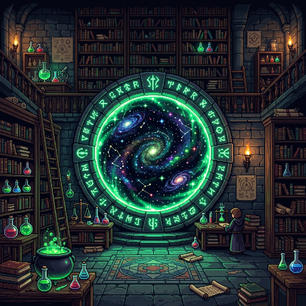 Cosmic alchemical library portal representing Infinite Content to Explore