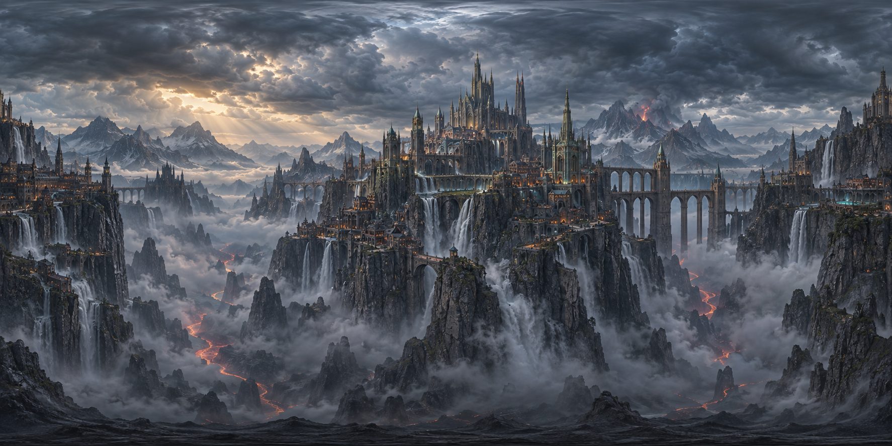 Golem concept art: a storm-lit citadel on cliffs above a volcanic gorge